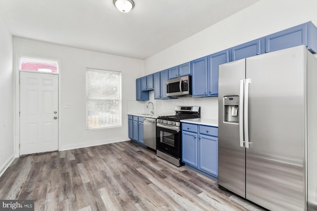 kitchen featuring blue cabinetry, stainless steel appliances, sink, and light hardwood / wood-style floors