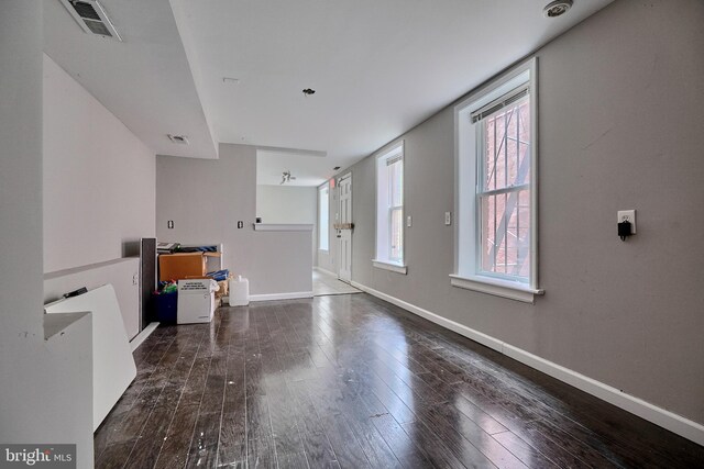 unfurnished living room featuring dark hardwood / wood-style floors and a healthy amount of sunlight