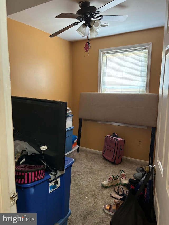 interior space with ceiling fan and carpet flooring