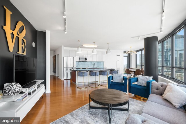 living room featuring an inviting chandelier, hardwood / wood-style flooring, track lighting, and a healthy amount of sunlight