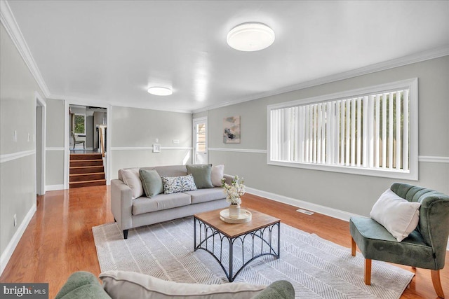 living room with crown molding, hardwood / wood-style floors, and a wealth of natural light