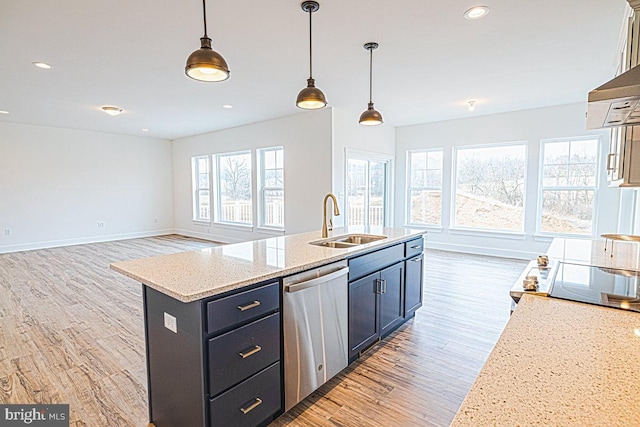 kitchen featuring plenty of natural light, sink, an island with sink, and stainless steel dishwasher