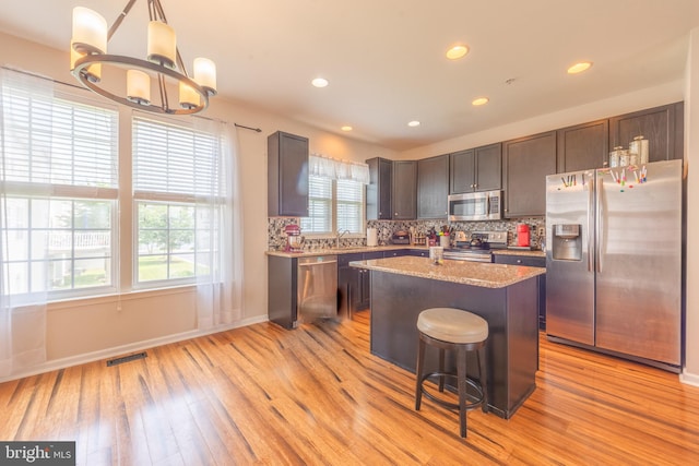 kitchen featuring appliances with stainless steel finishes, light stone countertops, light hardwood / wood-style floors, tasteful backsplash, and a kitchen island