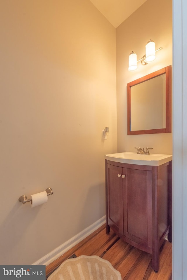 bathroom with vanity and wood-type flooring