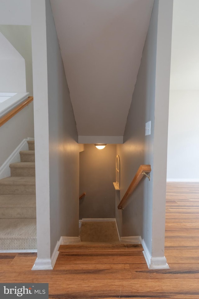 stairs featuring hardwood / wood-style flooring