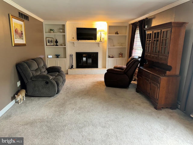 living room featuring a fireplace, ornamental molding, built in shelves, and light colored carpet