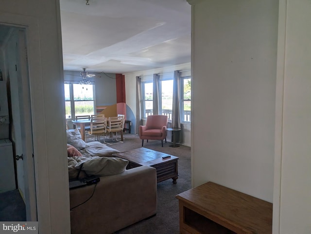 living room with carpet and ceiling fan