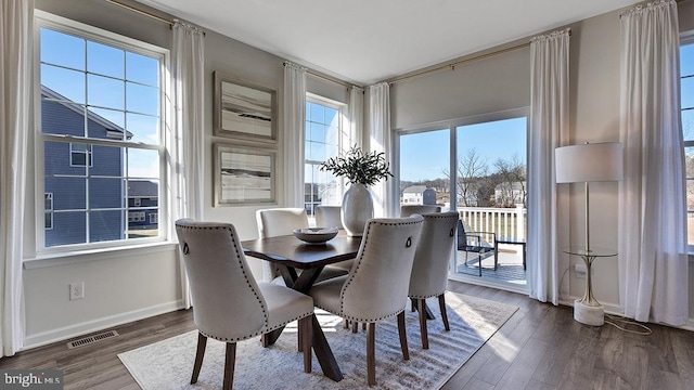 dining area with plenty of natural light and wood-type flooring