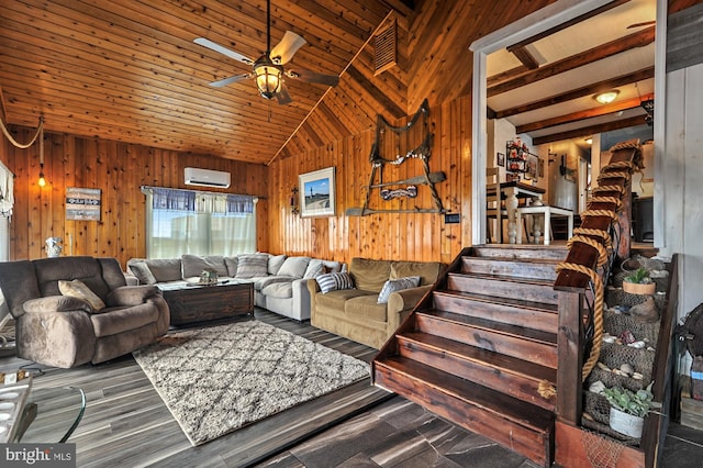 living room with lofted ceiling with beams, a wall mounted AC, wooden walls, and hardwood / wood-style floors