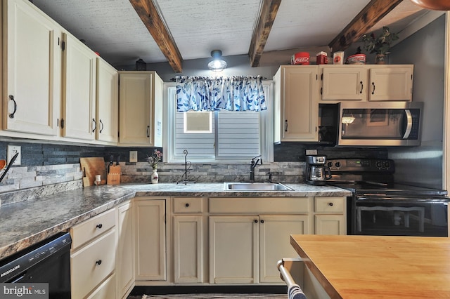 kitchen featuring a textured ceiling, beamed ceiling, black appliances, decorative backsplash, and sink