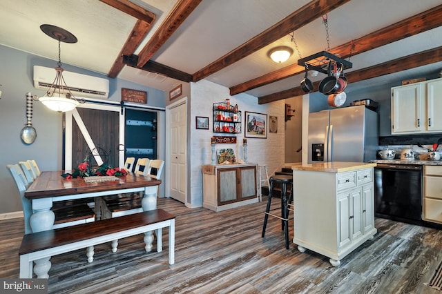 kitchen with stainless steel fridge with ice dispenser, beam ceiling, dishwasher, hanging light fixtures, and a wall unit AC