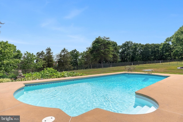 view of pool with a lawn, fence, and a fenced in pool