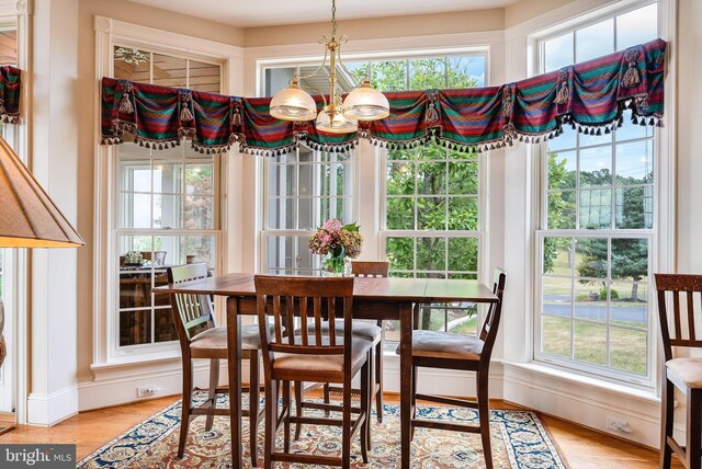 dining area with light hardwood / wood-style flooring and an inviting chandelier