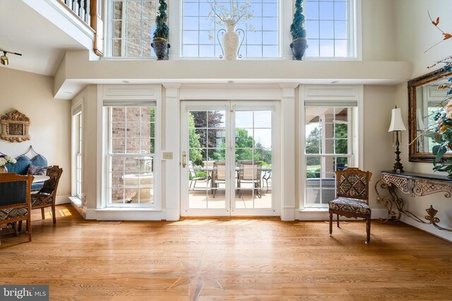 doorway with plenty of natural light, hardwood / wood-style floors, high vaulted ceiling, and french doors