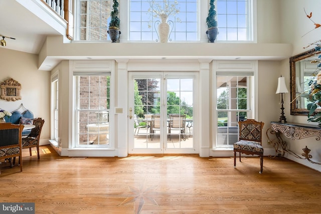 entryway featuring plenty of natural light, light wood-style flooring, and a high ceiling