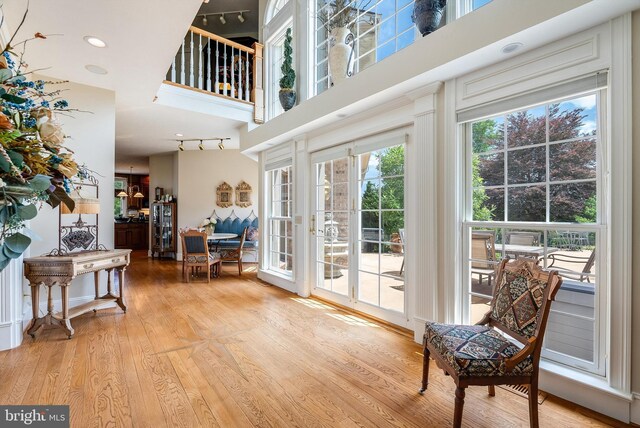 interior space featuring a high ceiling and light hardwood / wood-style floors