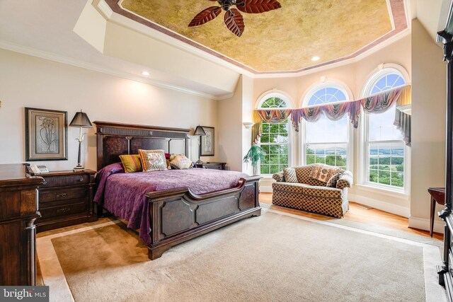 bedroom with light wood-type flooring, ceiling fan, a raised ceiling, and crown molding