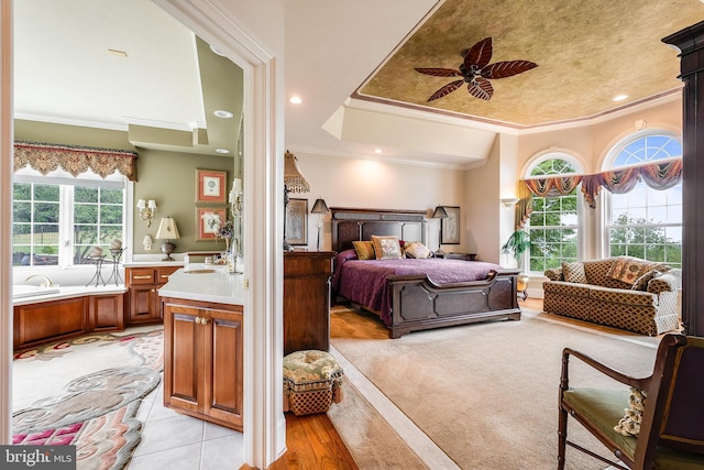 bedroom featuring crown molding, recessed lighting, and ceiling fan