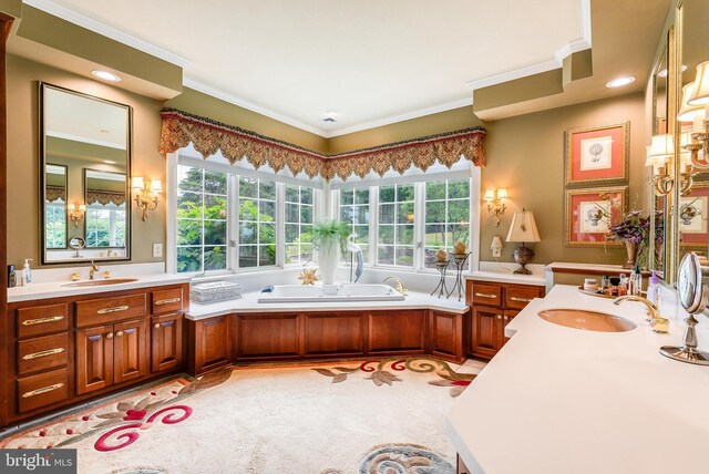 bathroom featuring crown molding, plenty of natural light, and a bathtub