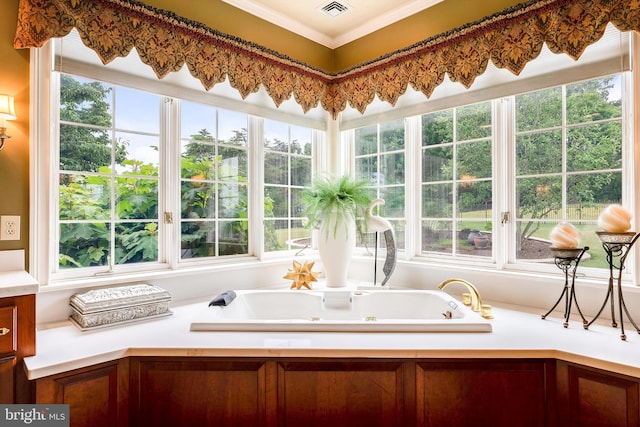 bathroom with crown molding, plenty of natural light, and a bath