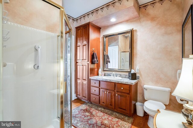 bathroom with vanity, toilet, hardwood / wood-style flooring, and a shower with shower door