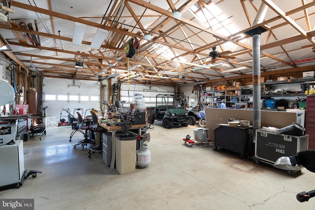 garage with a workshop area