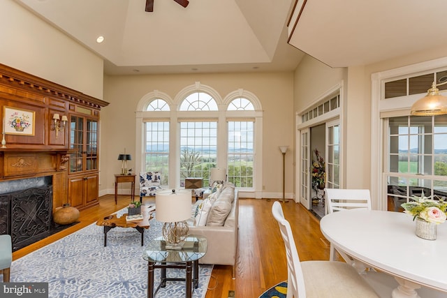 living area with ceiling fan, wood finished floors, a towering ceiling, and a premium fireplace