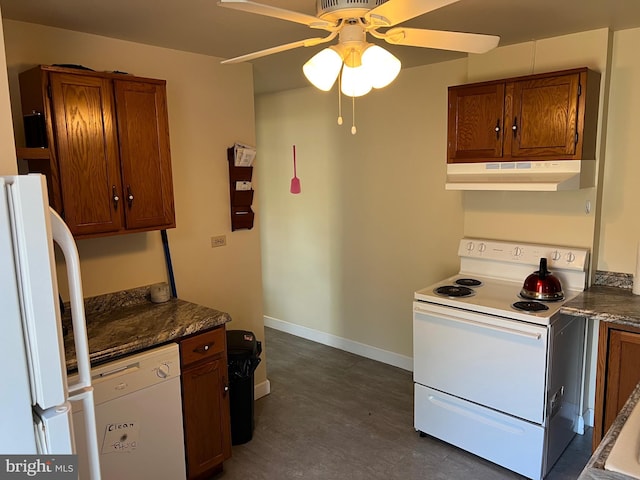 kitchen featuring white appliances and ceiling fan