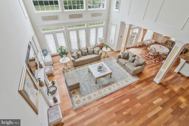 living room featuring light hardwood / wood-style flooring and a high ceiling