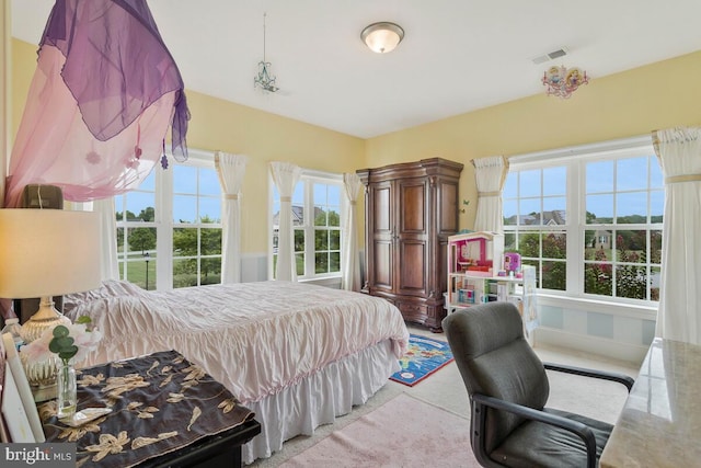 carpeted bedroom with multiple windows