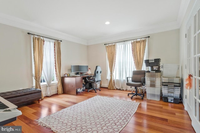 office with hardwood / wood-style flooring and crown molding