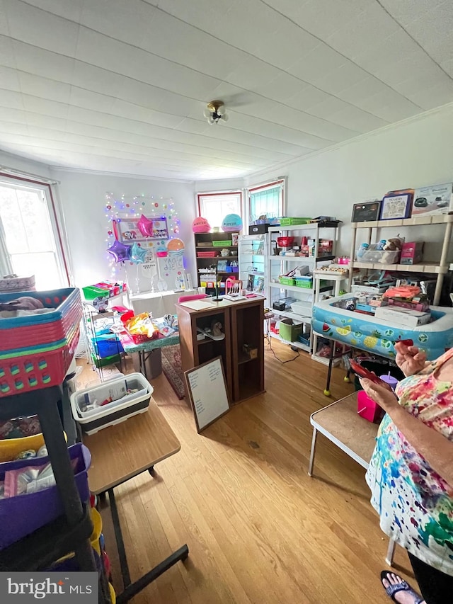 rec room with light hardwood / wood-style floors