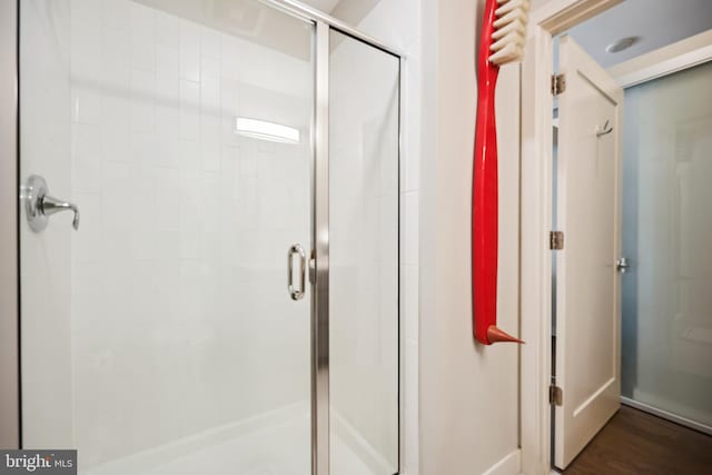 bathroom featuring an enclosed shower and hardwood / wood-style flooring