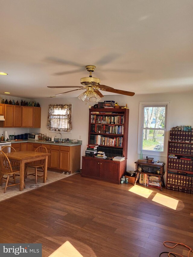 living room with hardwood / wood-style floors, sink, and ceiling fan