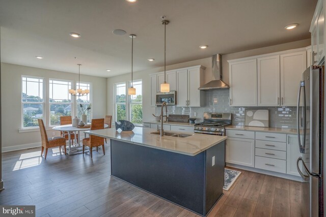 kitchen with a healthy amount of sunlight, appliances with stainless steel finishes, light hardwood / wood-style flooring, and wall chimney exhaust hood