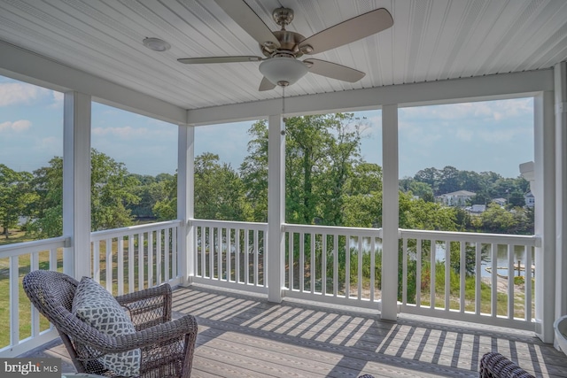 sunroom / solarium featuring ceiling fan