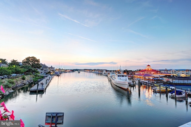 view of dock with a water view