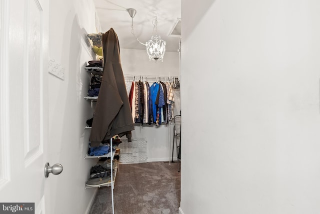 walk in closet with a notable chandelier and carpet flooring