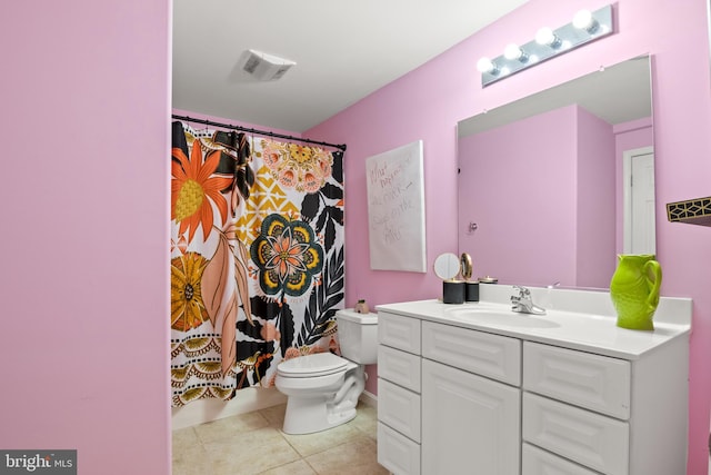 bathroom featuring tile patterned flooring, vanity, toilet, and a shower with shower curtain