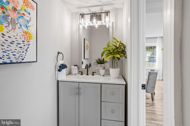 bathroom with hardwood / wood-style flooring and vanity