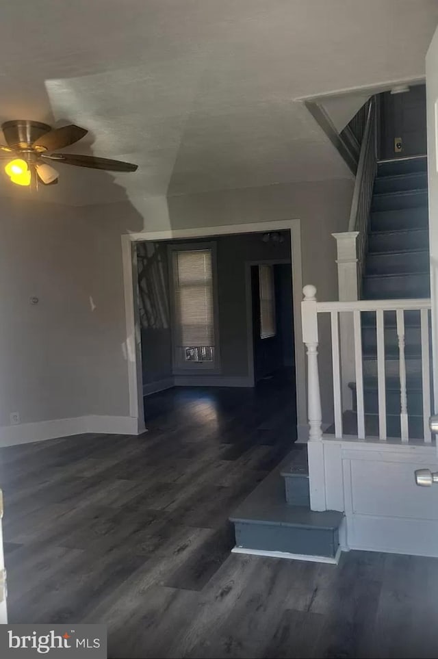 staircase featuring ceiling fan and hardwood / wood-style flooring