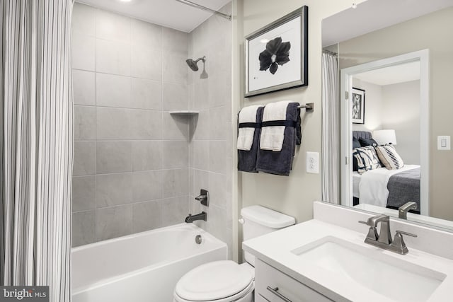 full bathroom with vanity, shower / bathtub combination with curtain, and toilet