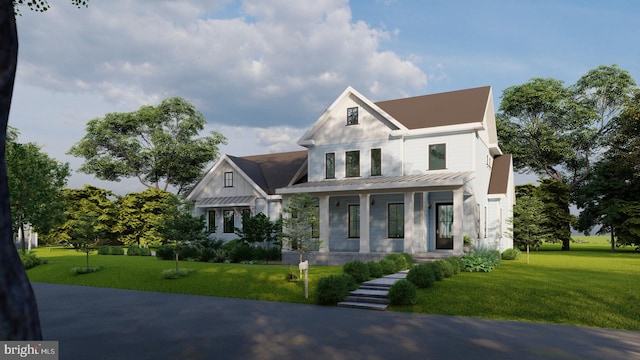 modern farmhouse featuring a porch and a front lawn