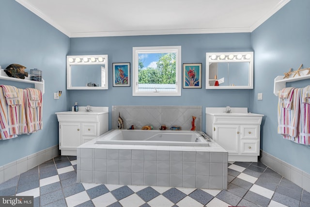 bathroom with a relaxing tiled tub, tile patterned flooring, ornamental molding, and double sink vanity