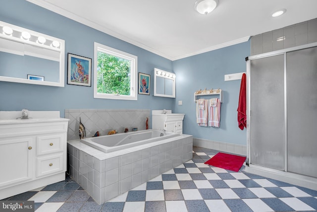 bathroom featuring shower with separate bathtub, vanity, tile patterned flooring, and ornamental molding