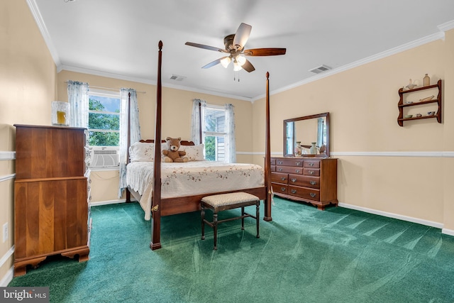 carpeted bedroom with crown molding, multiple windows, and ceiling fan