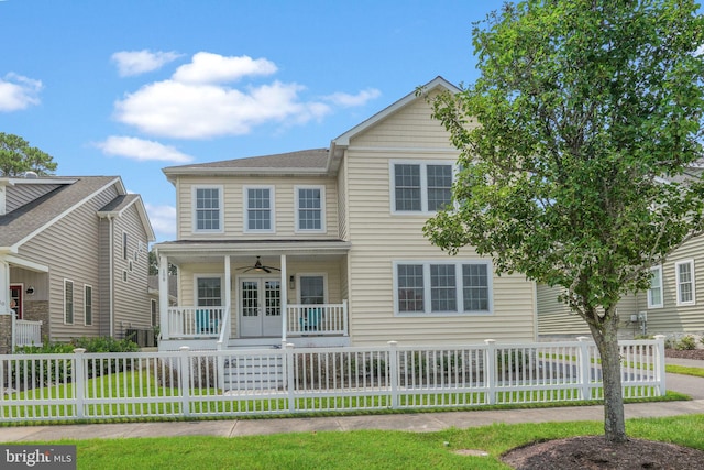 view of front of home featuring ceiling fan and covered porch