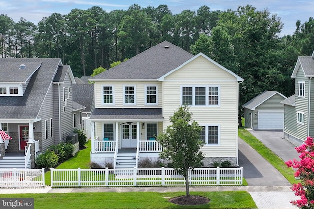 view of front facade featuring an outbuilding, a garage, and a porch