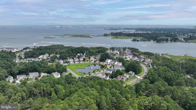 aerial view featuring a water view