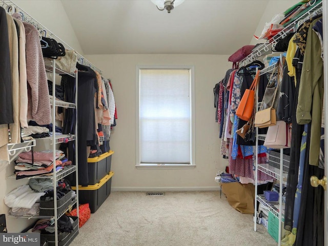 spacious closet with vaulted ceiling and carpet flooring